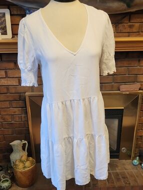 Rhythm White V-Neck Tiered Linen Blend Summer Mini Dress Graduation Dress Size L